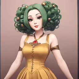 a 3d female character with green hair and gold dress