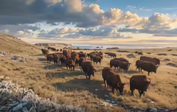 a herd of brown cattle walking along a grass covered hillside