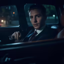 the man is sitting in the back seat of a car