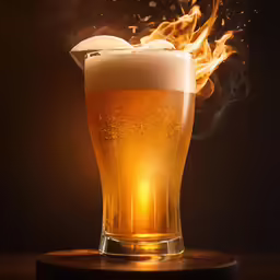 a beer is being poured into a glass with the bright yellow flames