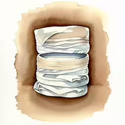 two stacks of folded clothing in front of a light brown background,stacks of clothing sit in the corner of a painting