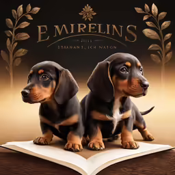 two miniature dachshunds look like they are on top of a book