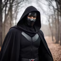 a man in a costume stands in the woods