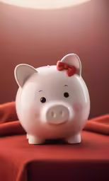 a pig toy sitting on a table by a red cloth