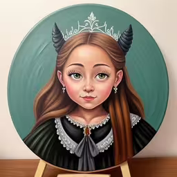 a wooden plaque with a painting of a girl in horns on it,the painting is sitting on a table