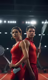 two athletes pose with tennis rackets on an indoor court
