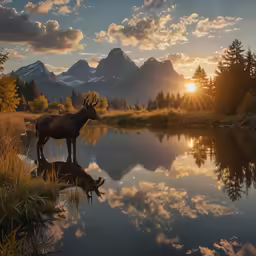 an animal stands in the water while the sun sets behind the mountains