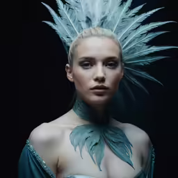 a woman with white hair wearing blue feathers