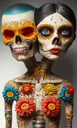 two skeletons in different clothes with flowers on their bodies