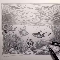 an illustration of a fish, fishes and algaes with black marker