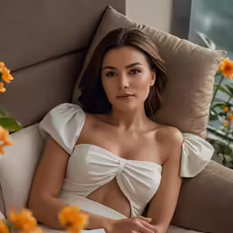 a woman sitting in a chair next to flowers