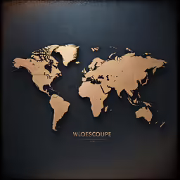 the world map is cut out of wood and has gold foil on it