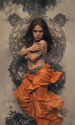 woman in orange dress with ornately designed background
