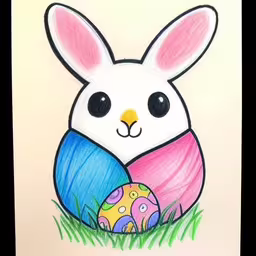 drawing of an easter bunny with colored eggs,an illustration of a white bunny with blue, pink and yellow eggs