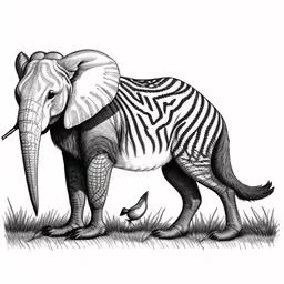 a large elephant standing next to a little bird,a zebra and a penguin stand together in the grass