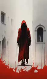 a man with a bloody blood stained coat walks on a street next to a building