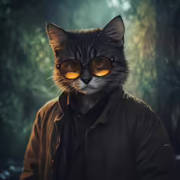 a cat wearing sunglasses and a jacket in front of a dark background