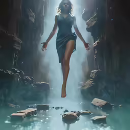 a woman wearing a dress and shoes is walking through a cave