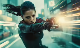 a woman with black hair pointing a gun