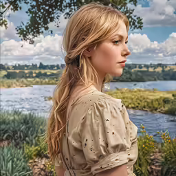 a woman wearing a dress with her hair down in a braid next to flowers