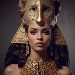 a woman in an egyptian outfit wearing a gold mask