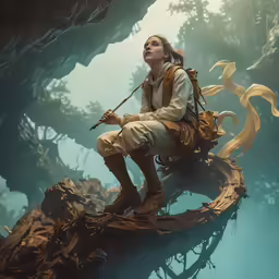 a woman with an umbrella sitting on top of a tree branch