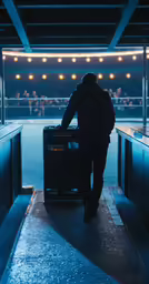 the man with the suitcase is walking down a ramp