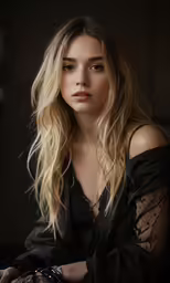 a young woman with long hair sitting down