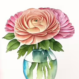 watercolor of a pink rose in a clear vase,there are some pink flowers in a glass vase