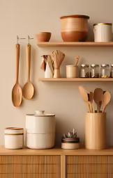 some kitchen utensils and wooden spoons are sitting on the shelves