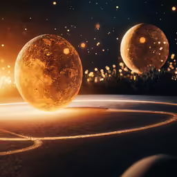 two yellow objects floating in the air near some lights