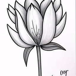 a lotus flower that is drawn in black ink,black and white image of a flower with some ink
