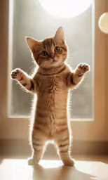 an orange cat standing on its hind legs and paws at the camera