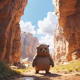 a brown bear standing on his hind legs in the middle of a mountain range