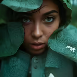 a young woman is surrounded by greenery in the rain