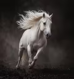 a horse runs quickly on some rocks