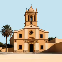 a yellow church has white walls and arched arches