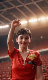 woman in red jersey posing for picture in large audience