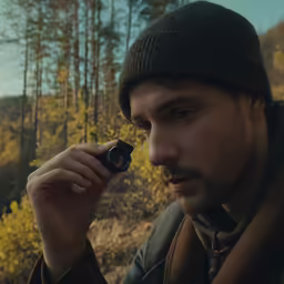 a man with a hat and scarf looks at something in the distance