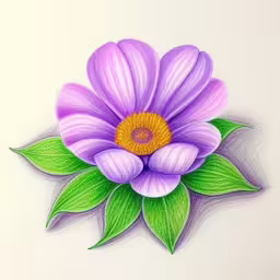 a drawing of a purple flower with green leaves,a pencil drawing of a purple flower with green leaves