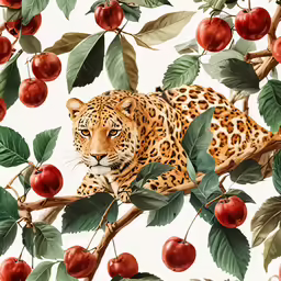 a painting of a leopard resting on a branch with apples and leaves