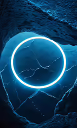 a bright blue ring is lit up in a rock formation