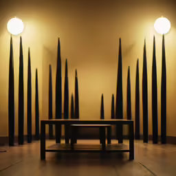 a table is surrounded by large light bulbs