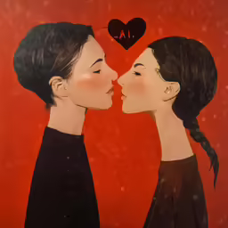 two people kissing, with a red background