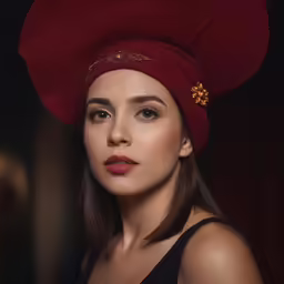 a woman in a dress wearing a red hat
