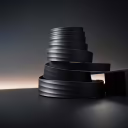 a black sculpture with five sections stacked in the middle