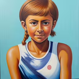 a painting of a young girl in a tank top with an edging bun,a painting of a girl with a tennis racket