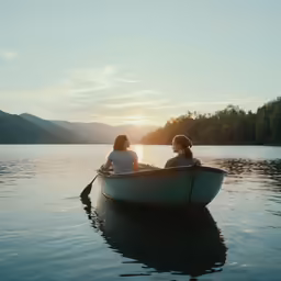 two people are sitting in a boat on the lake