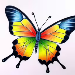 a butterfly painted on paper with black and white stripes,a colored drawing of a butterfly on white paper,a picture of a brightly colored butterfly on white paper,a colorful butterfly sitting on top of white paper,the colorful butterfly is drawing on the paper