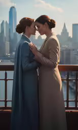 two women in a dress are standing on the edge of a bridge